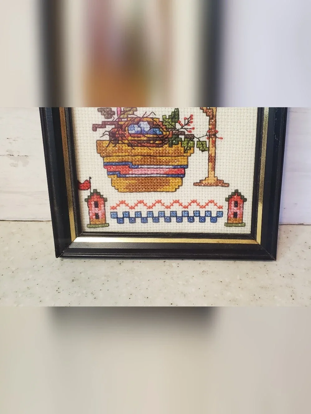 Vintage Handmade Cross Stitch Framed Bless Our Nest Birdhouse Needlepoint Cottag